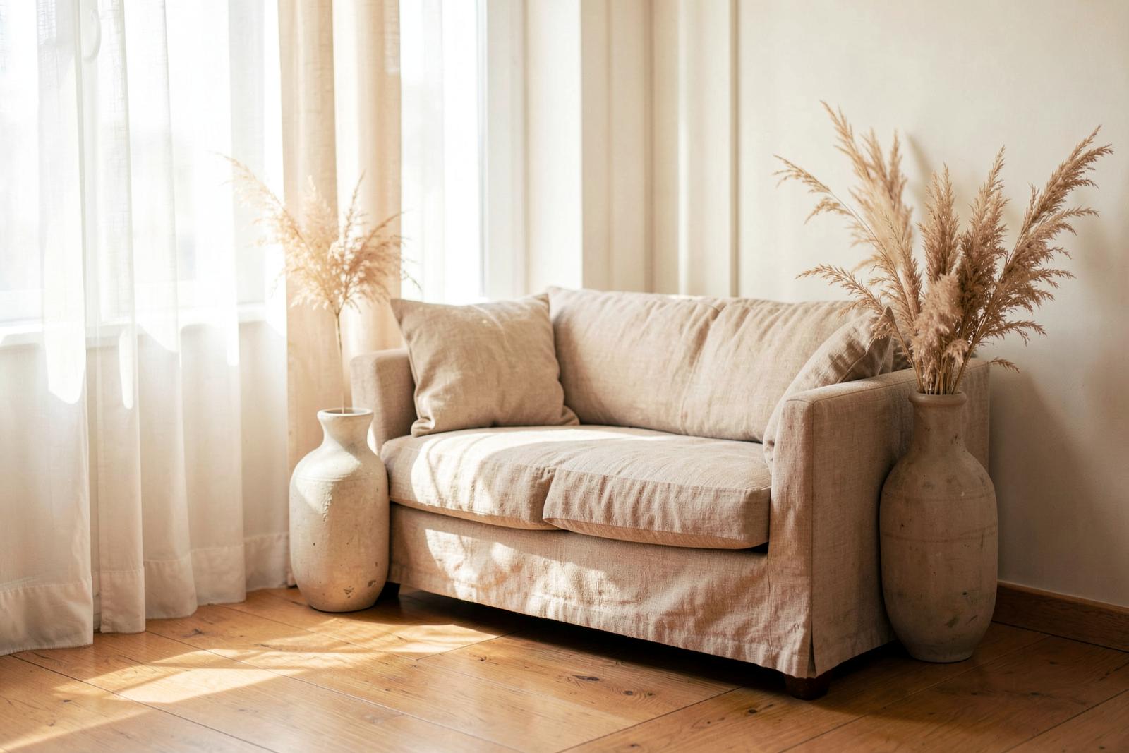 A calm, sunlit therapy room with a linen sofa